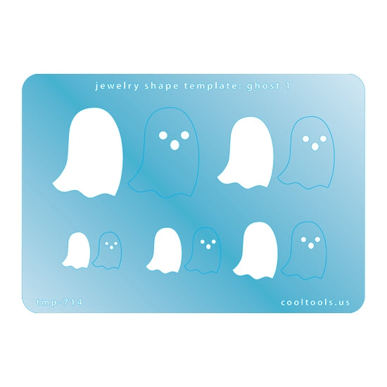 Blue plastic Jewelry Shape Template - Ghost 1 Includes 5 shapes. Sizes are from 13mm to 33mm.  Our special surface makes it easy to find these templates on your workbench, but allows clarity for positioning.