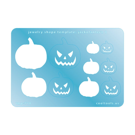 Blue plastic Jewelry Shape Template - Jack-o-Lantern 1 Includes 5 shapes. Sizes are from 14mm to 35mm.  Our special surface makes it easy to find these templates on your workbench, but allows clarity for positioning.