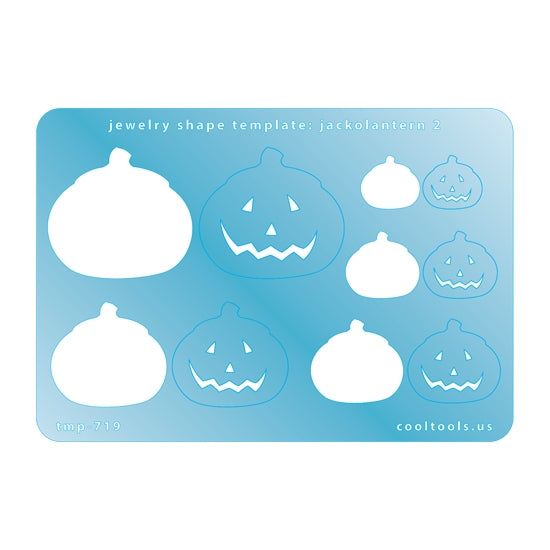 Blue plastic Jewelry Shape Template - Jack-o-Lantern 2 Includes 5 shapes. Sizes are from 14mm to 35mm.  Our special surface makes it easy to find these templates on your workbench, but allows clarity for positioning.