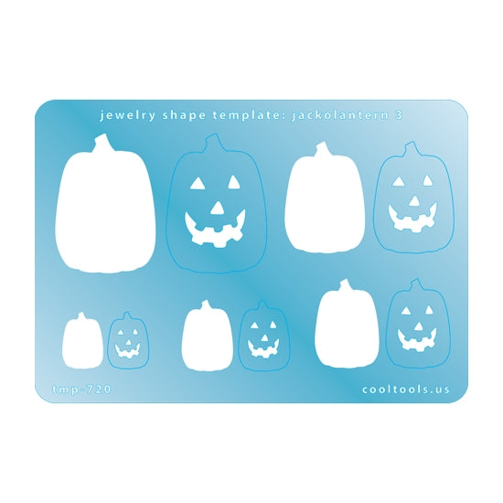 Blue plastic Jewelry Shape Template - Jack-o-Lantern 3 Includes 5 shapes. Sizes are from 16mm to 40mm.  Our special surface makes it easy to find these templates on your workbench, but allows clarity for positioning.