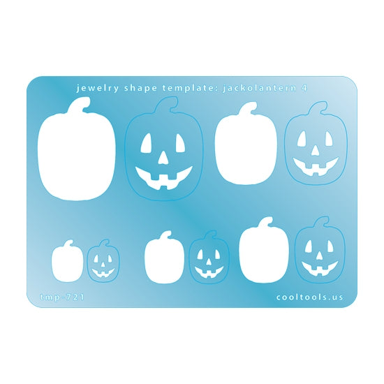 Blue plastic Jewelry Shape Template - Jack-o-Lantern 4 Includes 5 shapes. Sizes are from 16mm to 40mm.  Our special surface makes it easy to find these templates on your workbench, but allows clarity for positioning.