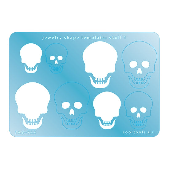 Blue plastic Jewelry Shape Template - Skull 1 Includes 4 shapes. Sizes are from 25.5mm to 40mm.  Our special surface makes it easy to find these templates on your workbench, but allows clarity for positioning.