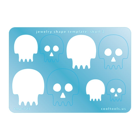 Blue plastic Jewelry Shape Template - Skull 2 Includes 4 shapes. Sizes are from 23mm to 39mm.  Our special surface makes it easy to find these templates on your workbench, but allows clarity for positioning.