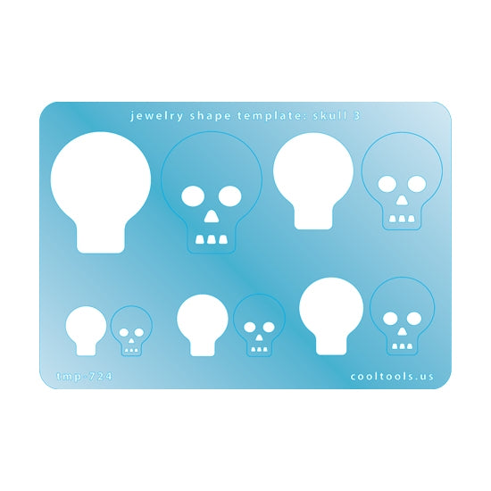 Blue plastic Jewelry Shape Template - Skull 3 Includes 5 shapes. Sizes are from 15mm to 37.5mm.  Our special surface makes it easy to find these templates on your workbench, but allows clarity for positioning.