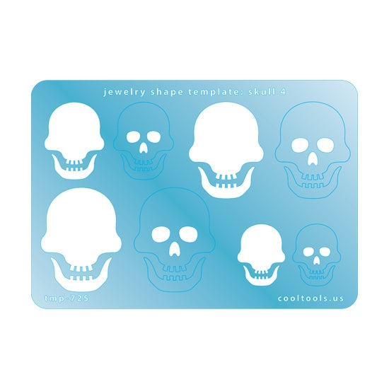 Blue plastic Jewelry Shape Template - Skull 4 Includes 4 shapes. Sizes are from 24mm to 40.5mm.  Our special surface makes it easy to find these templates on your workbench, but allows clarity for positioning.