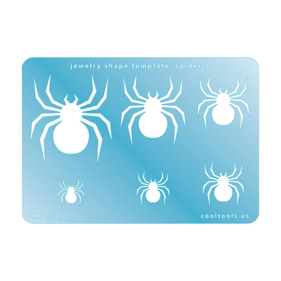 Blue plastic Jewelry Shape Template - Spider 1 Includes 6 shapes. Sizes are from 16mm to 47.5mm.  Our special surface makes it easy to find these templates on your workbench, but allows clarity for positioning.