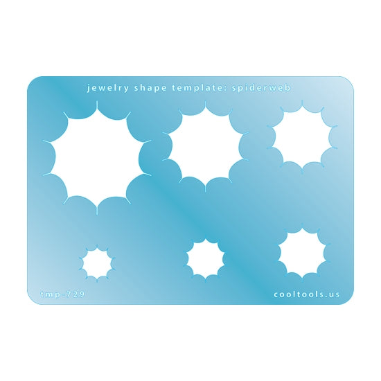 Blue plastic Jewelry Shape Template - Spiderweb Includes 6 shapes. Sizes are from 14.5mm to 45mm.  Our special surface makes it easy to find these templates on your workbench, but allows clarity for positioning.