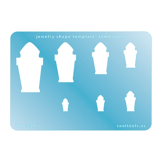 Blue plastic Jewelry Shape Template - Tombstone Includes 7 shapes. Sizes are from 12mm to 45mm.  Our special surface makes it easy to find these templates on your workbench, but allows clarity for positioning.