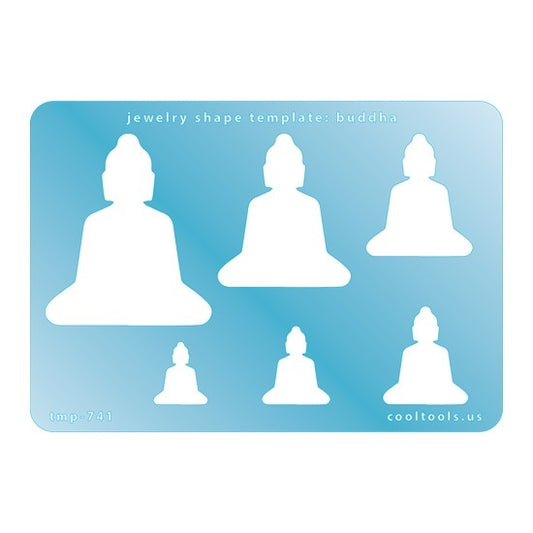 Blue plastic Jewelry Shape Template - Buddha Includes 6 shapes. Sizes are from 16.5mm to 51.5mm.  Our special surface makes it easy to find these templates on your workbench, but allows clarity for positioning.