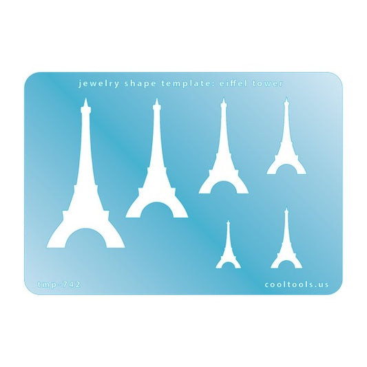 Blue plastic Jewelry Shape Template - Eiffel Tower Includes 6 shapes. Sizes are from 20mm to 61.5mm.  Our special surface makes it easy to find these templates on your workbench, but allows clarity for positioning.