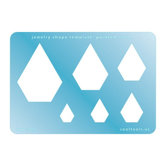 Blue plastic Jewelry Shape Template - Pointed Stone Includes 6 shapes. Sizes are from 16mm to 50.5mm.  Our special surface makes it easy to find these templates on your workbench, but allows clarity for positioning.