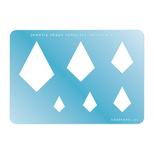 Blue plastic Jewelry Shape Template - Pointed Drop Includes 6 shapes. Sizes are from 15mm to 47.5mm.  Our special surface makes it easy to find these templates on your workbench, but allows clarity for positioning.