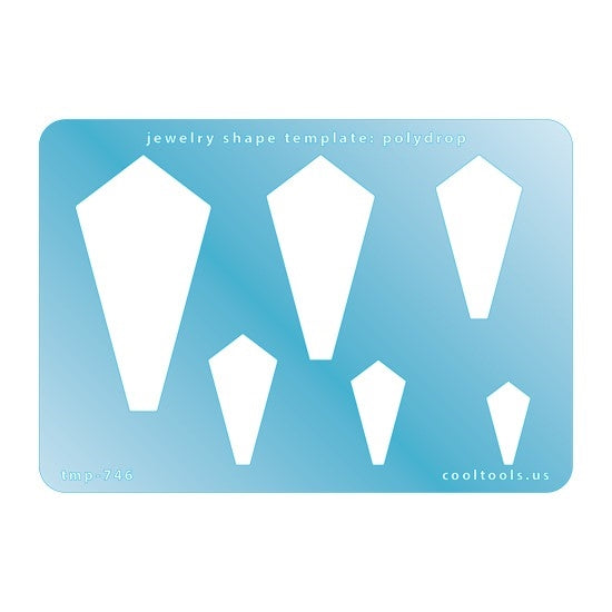 Blue plastic Jewelry Shape Template - Polydrop Includes 6 shapes. Sizes are from 19.5mm to 60.5mm.  Our special surface makes it easy to find these templates on your workbench, but allows clarity for positioning.