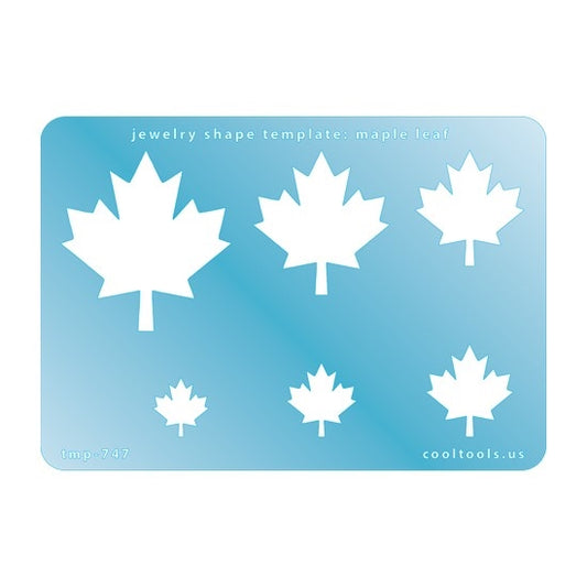 Blue plastic Jewelry Shape Template - Maple Leaf Includes 6 shapes. Sizes are from 14.5mm to 44.5mm.  Our special surface makes it easy to find these templates on your workbench, but allows clarity for positioning.