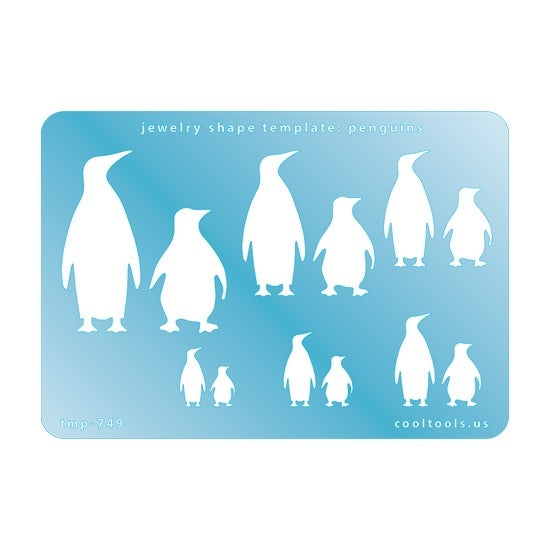 Blue plastic Jewelry Shape Template - Penguins Includes 12 shapes. Sizes are from 11mm to 48.5mm.  Our special surface makes it easy to find these templates on your workbench, but allows clarity for positioning.