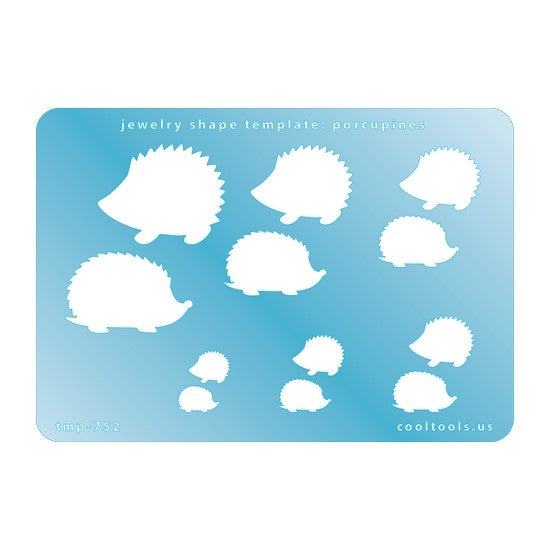 Blue plastic Jewelry Shape Template - Porcupines Includes 12 shapes. Sizes are from 14mm to 32.5mm.  Our special surface makes it easy to find these templates on your workbench, but allows clarity for positioning.