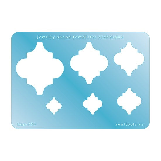 Blue plastic Jewelry Shape Template - Arabesque Includes 6 shapes. Sizes are from 10.5mm to 43.5mm.  Our special surface makes it easy to find these templates on your workbench, but allows clarity for positioning.