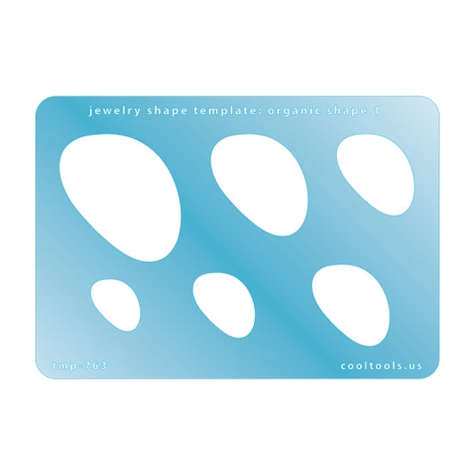 Blue plastic Jewelry Shape Template - Organic Shape 1 Includes 6 shapes. Sizes are from 19mm to 46mm.  Our special surface makes it easy to find these templates on your workbench, but allows clarity for positioning.