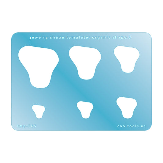 Blue plastic Jewelry Shape Template - Organic Shape 3 Includes 6 shapes. Sizes are from 12mm to 42mm.  Our special surface makes it easy to find these templates on your workbench, but allows clarity for positioning.