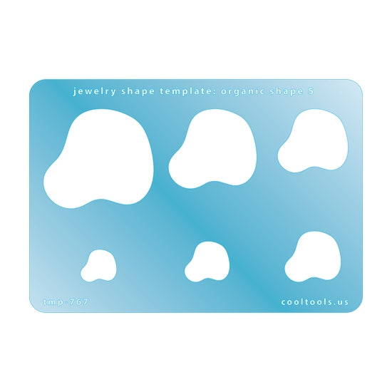 Blue plastic Jewelry Shape Template - Organic Shape 5 Includes 6 shapes. Sizes are from 14mm to 44mm.  Our special surface makes it easy to find these templates on your workbench, but allows clarity for positioning.