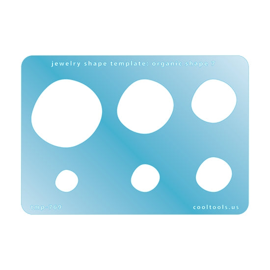 Blue plastic Jewelry Shape Template - Organic Shape 7 Includes 6 shapes. Sizes are from 13mm to 39mm.  Our special surface makes it easy to find these templates on your workbench, but allows clarity for positioning.