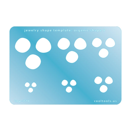 Blue plastic Jewelry Shape Template - Organic Shape 8 Includes 6 shapes. Sizes are from 12mm to 38mm.  Our special surface makes it easy to find these templates on your workbench, but allows clarity for positioning.