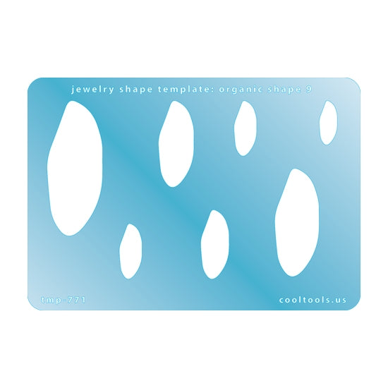 Blue plastic Jewelry Shape Template - Organic Shape 9 Includes 7 shapes. Sizes are from 16.5mm to 51.5mm.  Our special surface makes it easy to find these templates on your workbench, but allows clarity for positioning.