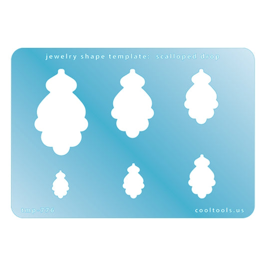 Blue plastic Jewelry Shape Template - Scalloped Drop Includes 6 shapes. Sizes are from 14.5mm to 45mm.  Our special surface makes it easy to find these templates on your workbench, but allows clarity for positioning.