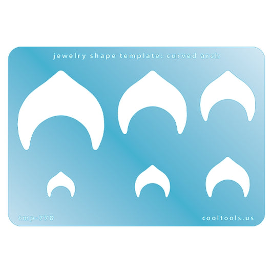 Blue plastic  Jewelry Shape Template - Curved Arch Includes 6 shapes. Sizes are from 14mm to 43mm.  Our special surface makes it easy to find these templates on your workbench, but allows clarity for positioning.