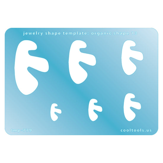 Blue plastic Jewelry Shape Template - Organic Shape 13 Includes 6 shapes. Sizes are from 14.5mm to 45.5mm.  Our special surface makes it easy to find these templates on your workbench, but allows clarity for positioning.