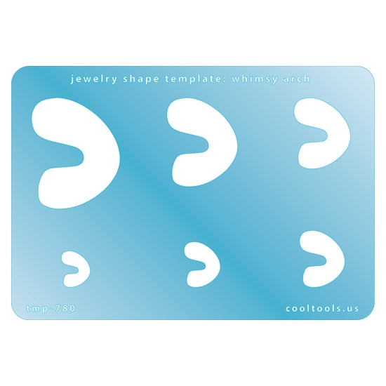 Blue plastic Jewelry Shape Template - Whimsy Arch Includes 6 shapes. Sizes are from 12.5mm to 39mm.  Our special surface makes it easy to find these templates on your workbench, but allows clarity for positioning.