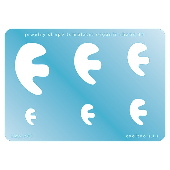 Blue plastic Jewelry Shape Template - Organic Shape 14 Includes 6 shapes. Sizes are from 13.5mm to 41mm.  Our special surface makes it easy to find these templates on your workbench, but allows clarity for positioning.