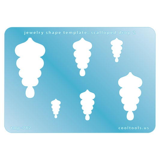 Blue plastic Jewelry Shape Template - Scalloped Drop 2 Includes 6 shapes. Sizes are from 16.5mm to 50.5mm.  Our special surface makes it easy to find these templates on your workbench, but allows clarity for positioning.