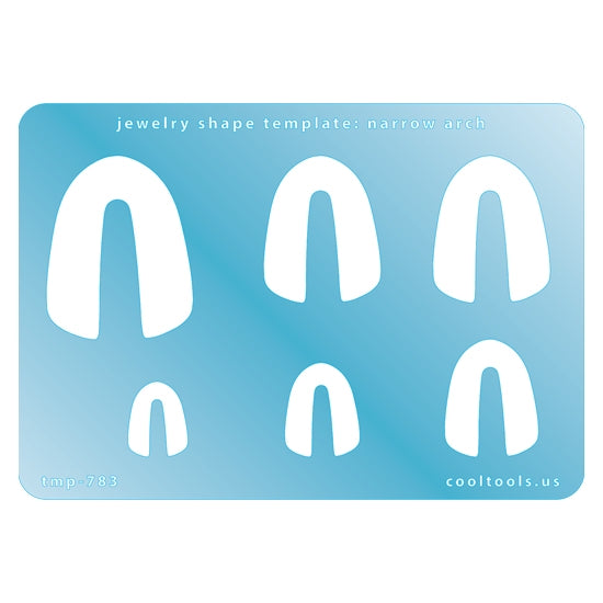 Blue plastic Jewelry Shape Template - Narrow Arch Includes 6 shapes. Sizes are from 17mm to 41mm.  Our special surface makes it easy to find these templates on your workbench, but allows clarity for positioning.