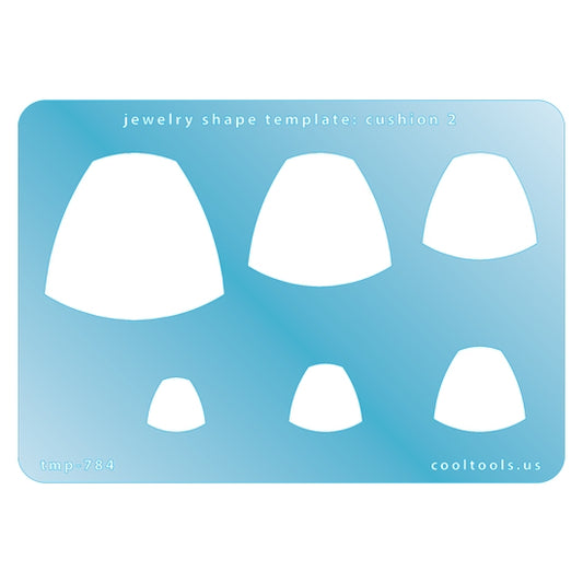 Blue plastic Jewelry Shape Template - Cushion 2 Includes 6 shapes. Sizes are from 14.5mm to 43.5mm.  Our special surface makes it easy to find these templates on your workbench, but allows clarity for positioning.