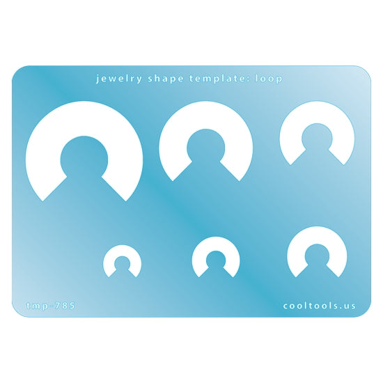 Blue plastic Jewelry Shape Template - Loop Includes 6 shapes. Sizes are from 13.5mm to 41.5mm.  Our special surface makes it easy to find these templates on your workbench, but allows clarity for positioning.