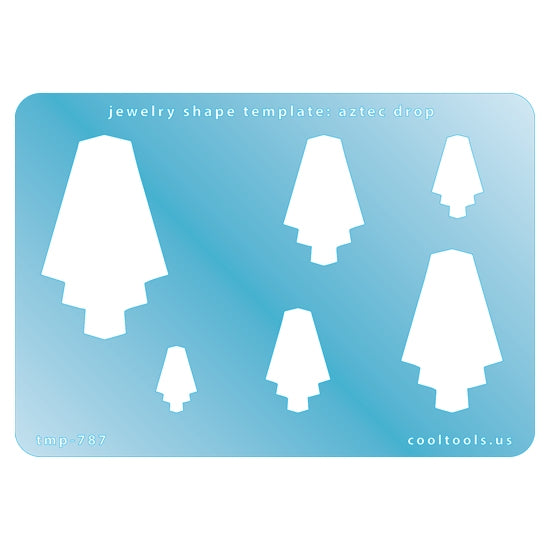 Blue plastic Jewelry Shape Template - Aztec Drop Includes 6 shapes. Sizes are from 16mm to 50mm.  Our special surface makes it easy to find these templates on your workbench, but allows clarity for positioning.