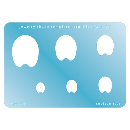 Blue plastic Jewelry Shape Template - Organic Shape 15 Includes 6 shapes. Sizes are from 11mm to 34mm.  Our special surface makes it easy to find these templates on your workbench, but allows clarity for positioning.