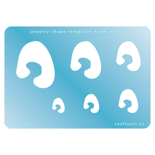 Blue plastic Jewelry Shape Template - Funky Loop Includes 6 shapes. Sizes are from 13.5mm to 42mm.  Our special surface makes it easy to find these templates on your workbench, but allows clarity for positioning.