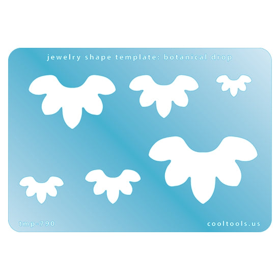 Blue plastic Jewelry Shape Template - Botanical Drop Includes 6 shapes. Sizes are from 16.5mm to 53mm.  Our special surface makes it easy to find these templates on your workbench, but allows clarity for positioning.