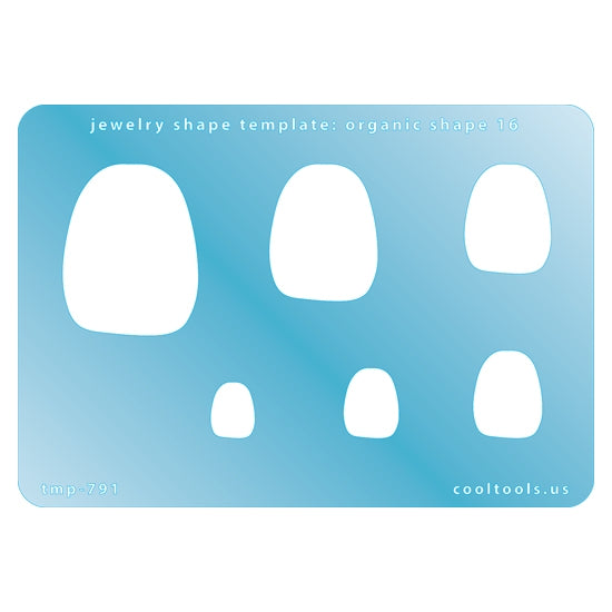 Blue plastic Jewelry Shape Template - Organic Shape 16 Includes 6 shapes. Sizes are from 12.5mm to 40mm.  Our special surface makes it easy to find these templates on your workbench, but allows clarity for positioning.