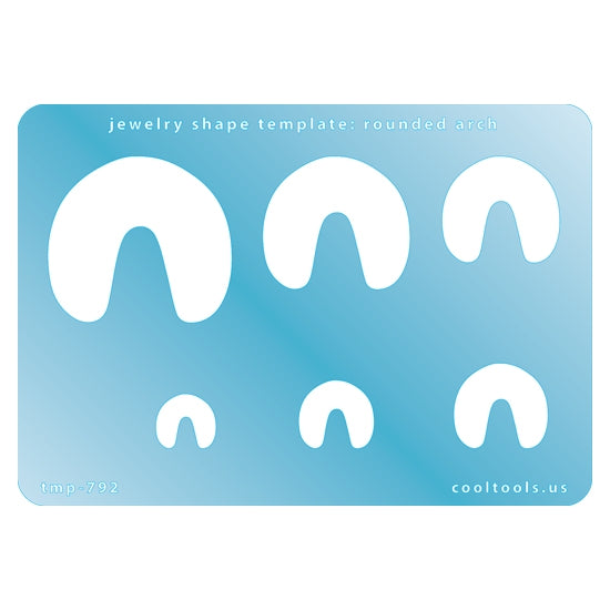 Blue plastic Jewelry Shape Template - Rounded Arch Includes 6 shapes. Sizes are from 13mm to 40mm.  Our special surface makes it easy to find these templates on your workbench, but allows clarity for positioning.