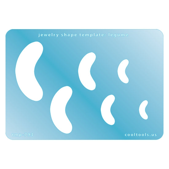 Blue plastic Jewelry Shape Template - Legume Includes 6 shapes. Sizes are from 15.5mm to 48mm.  Our special surface makes it easy to find these templates on your workbench, but allows clarity for positioning.