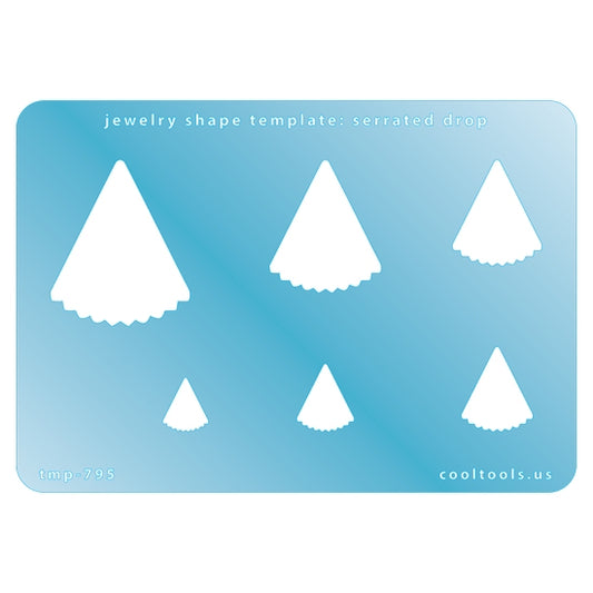 Blue plastic Jewelry Shape Template - Serrated Drop Includes 6 shapes. Sizes are from 12mm to 37.5mm.  Our special surface makes it easy to find these templates on your workbench, but allows clarity for positioning.