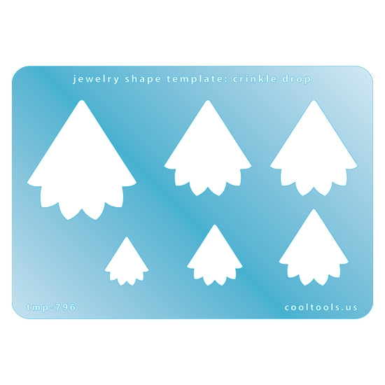 Blue plastic  Jewelry Shape Template - Crinkle Drop Includes 6 shapes. Sizes are from 17mm to 42mm.  Our special surface makes it easy to find these templates on your workbench, but allows clarity for positioning.