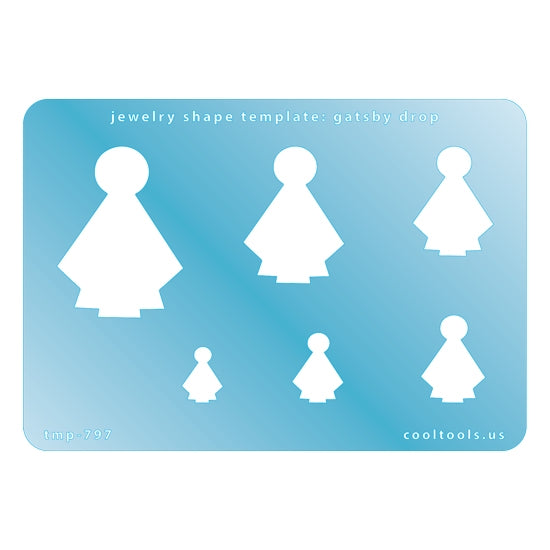 Blue plastic Jewelry Shape Template - Gatsby Drop Includes 6 shapes. Sizes are from 14mm to 43mm.  Our special surface makes it easy to find these templates on your workbench, but allows clarity for positioning.