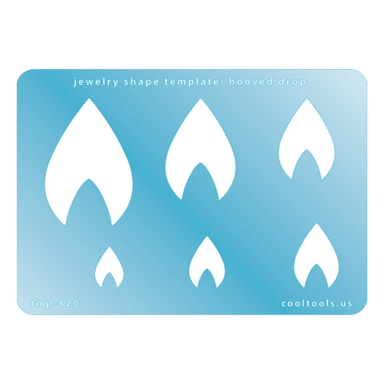 Blue plastic Jewelry Shape Template - Hooved Drop Includes 6 graduated sizes. Sizes are from 15mm to 47mm.  Our special surface makes it easy to find these templates on your workbench, but allows clarity for positioning.