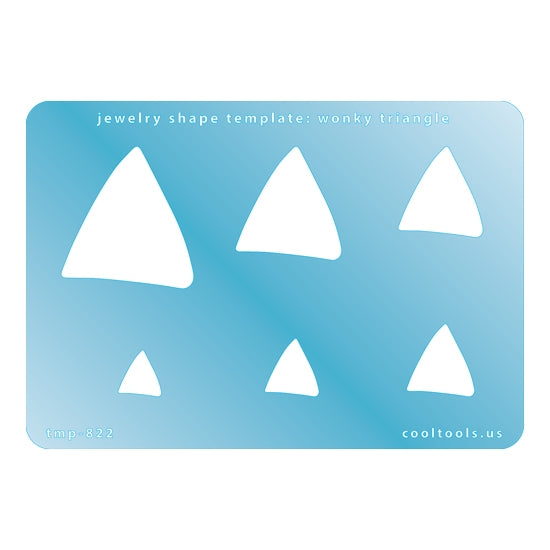 Blue plastic Jewelry Shape Template - Wonky Triangle Includes 6 graduated sizes. Sizes are from 11.5mm to 39mm.  Our special surface makes it easy to find these templates on your workbench, but allows clarity for positioning.