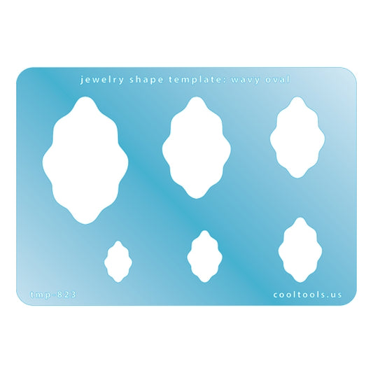 Blue plastic Jewelry Shape Template - Wavy Oval Includes 6 graduated sizes. Sizes are from 15mm to 47.5mm.  Our special surface makes it easy to find these templates on your workbench, but allows clarity for positioning.