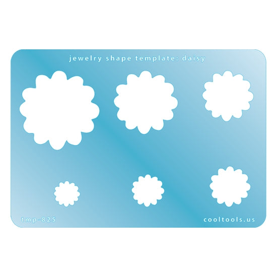 Blue plastic Jewelry Shape Template - Daisy Includes 6 graduated sizes. Sizes are from 12.5mm to 39.5mm.  Our special surface makes it easy to find these templates on your workbench, but allows clarity for positioning.